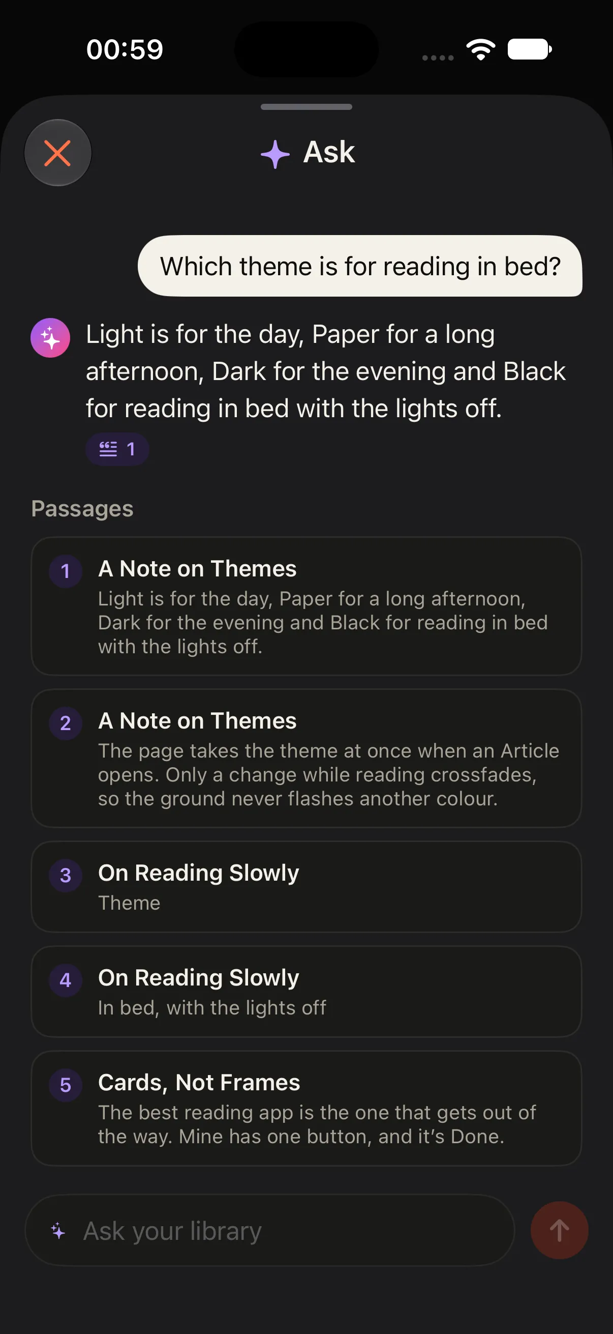 Ask your library on iPhone, with cited passages.