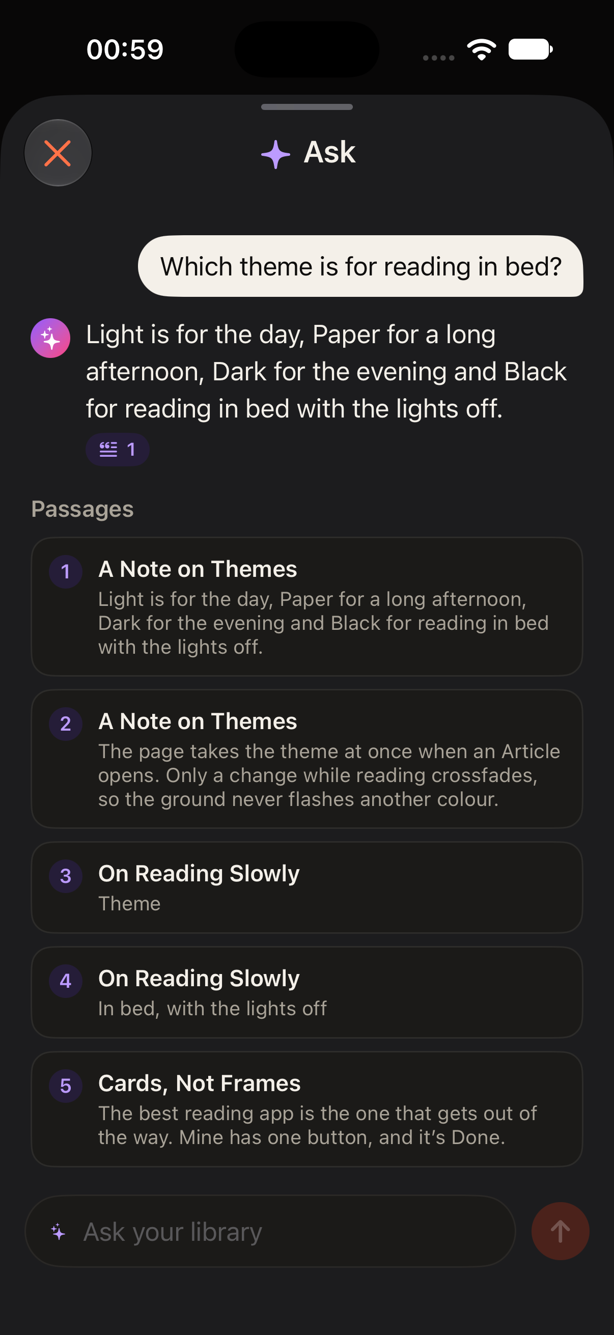 Ask your library on iPhone, in Dark: an answer with the five passages it drew on.