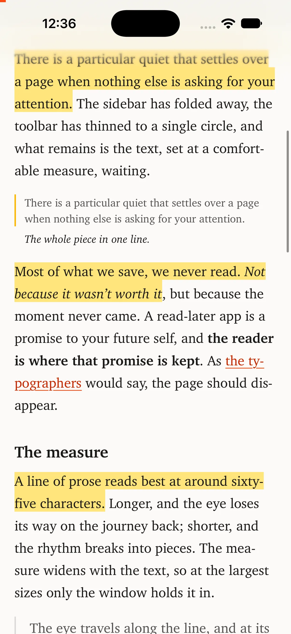 The reader on iPhone with Highlights in yellow.
