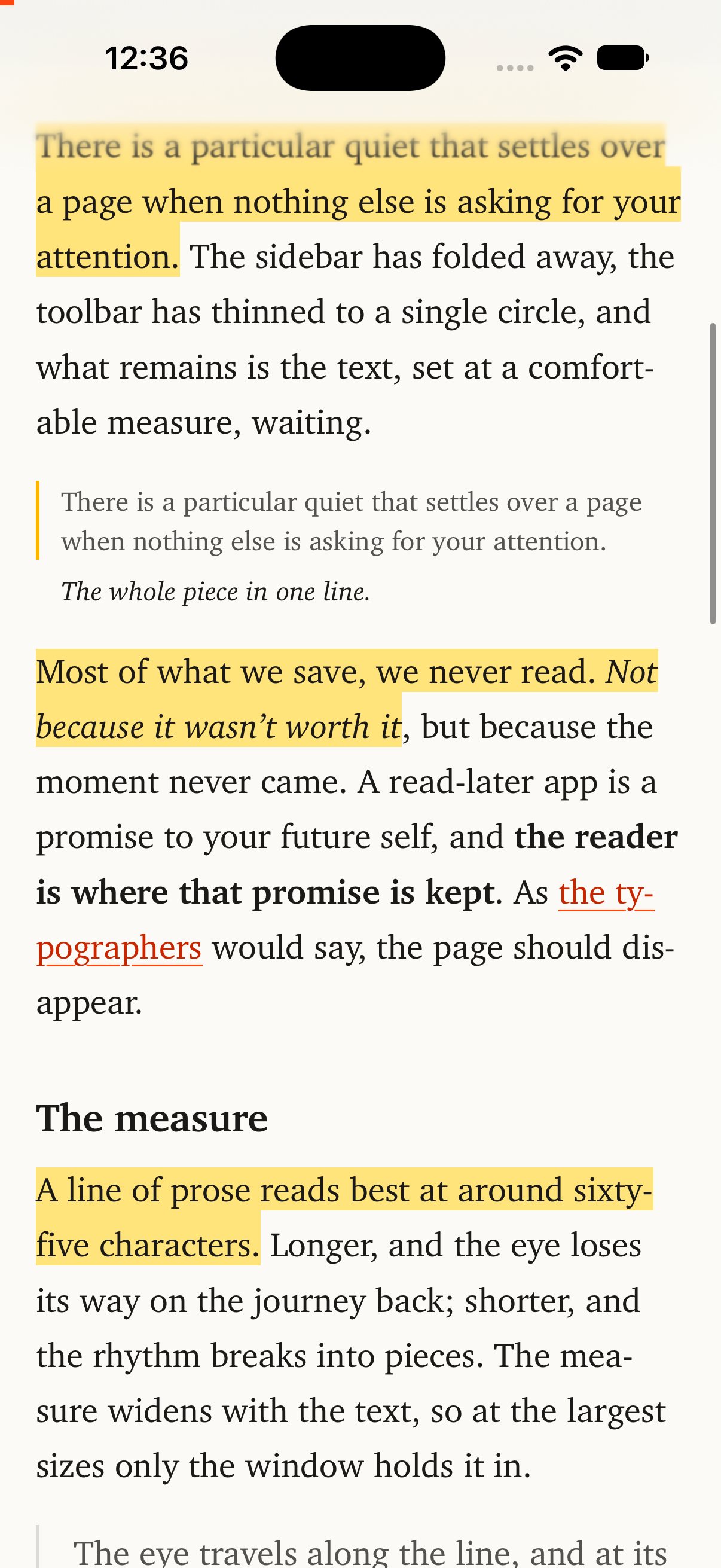 The reader on iPhone, with three Highlights in yellow in an Article.